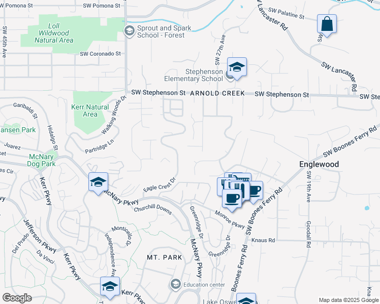 map of restaurants, bars, coffee shops, grocery stores, and more near 12225 Southwest 29th Avenue in Portland