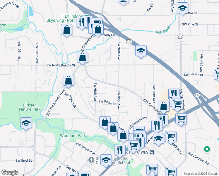 map of restaurants, bars, coffee shops, grocery stores, and more near 11477 Southwest Greenburg Road in Tigard
