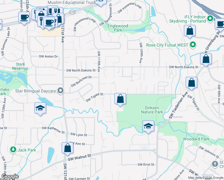 map of restaurants, bars, coffee shops, grocery stores, and more near 11355 Southwest Tigard Street in Tigard