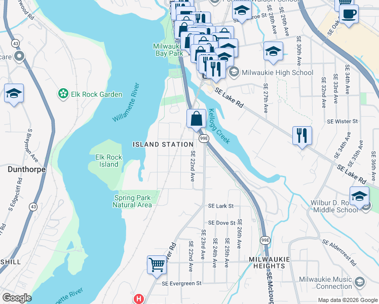 map of restaurants, bars, coffee shops, grocery stores, and more near 120 Southeast Bobwhite Street in Milwaukie