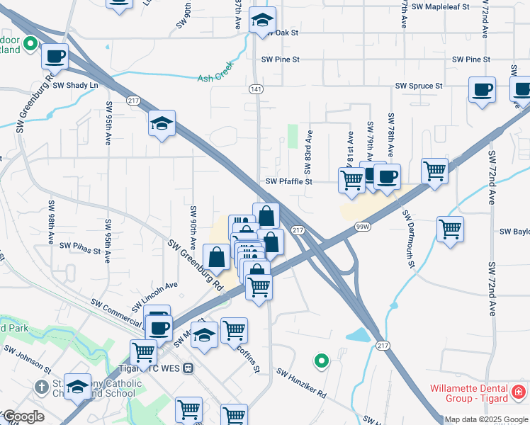 map of restaurants, bars, coffee shops, grocery stores, and more near 11580 Southwest Hall Boulevard in Tigard