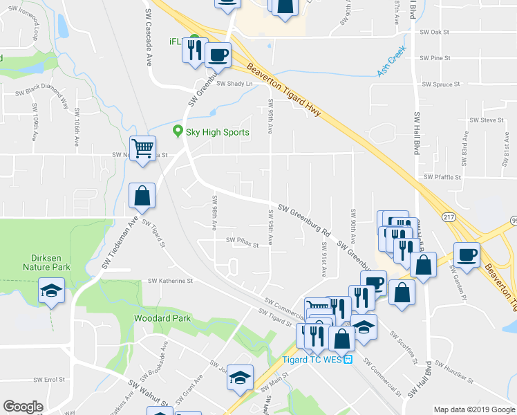 map of restaurants, bars, coffee shops, grocery stores, and more near 11485 Southwest Greenburg Road in Tigard