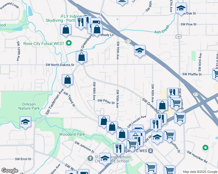 map of restaurants, bars, coffee shops, grocery stores, and more near 11477 Southwest Greenburg Road in Tigard