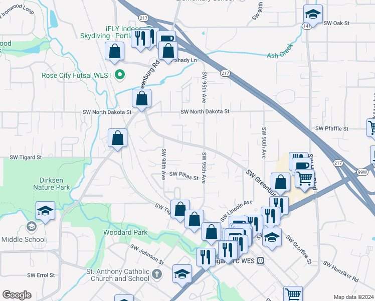 map of restaurants, bars, coffee shops, grocery stores, and more near 11477 Southwest Greenburg Road in Tigard