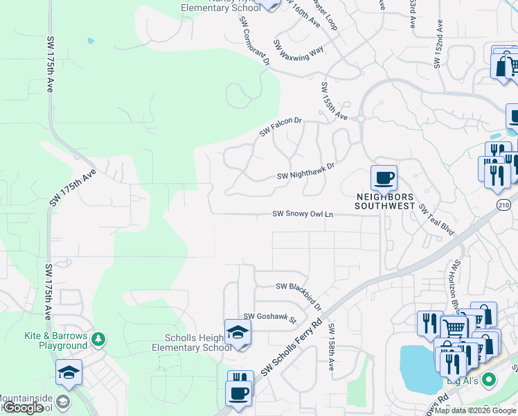 map of restaurants, bars, coffee shops, grocery stores, and more near 16179 Southwest Snowy Owl Lane in Beaverton