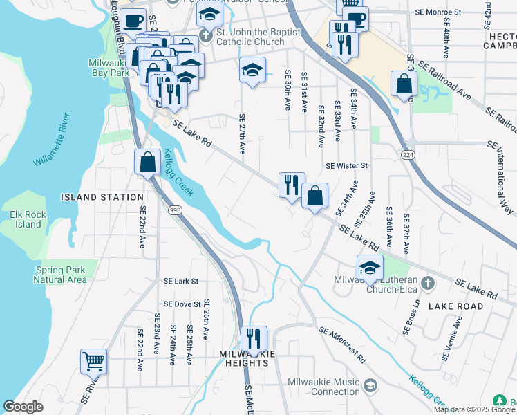 map of restaurants, bars, coffee shops, grocery stores, and more near 2892 Southeast Lake Road in Milwaukie