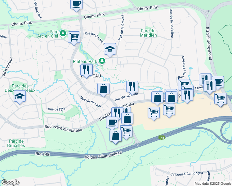map of restaurants, bars, coffee shops, grocery stores, and more near 45 Rue du Zénith in Gatineau