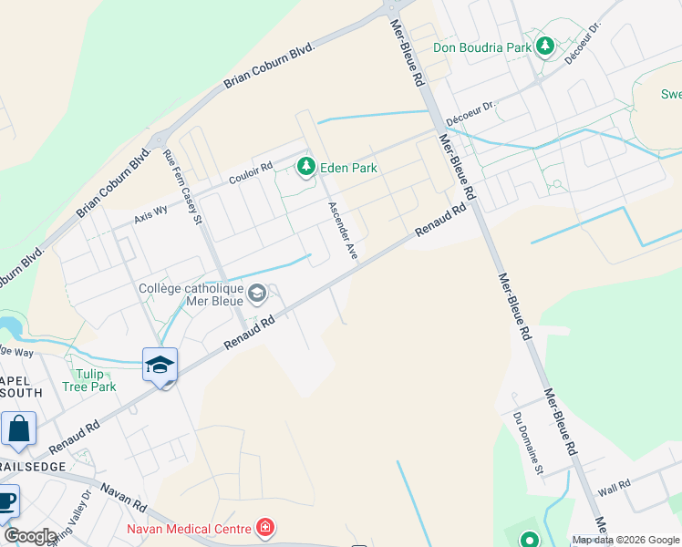 map of restaurants, bars, coffee shops, grocery stores, and more near 6480 Renaud Road in Ottawa