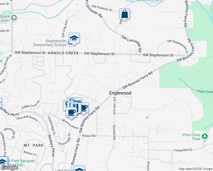 map of restaurants, bars, coffee shops, grocery stores, and more near 12396 Southwest Clara Lane in Lake Oswego