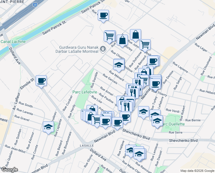 map of restaurants, bars, coffee shops, grocery stores, and more near 2302 Rue Rousseau in Montréal