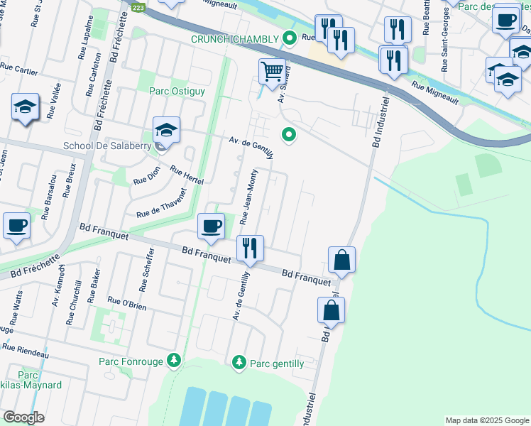 map of restaurants, bars, coffee shops, grocery stores, and more near 1539 Avenue de Gentilly in Chambly