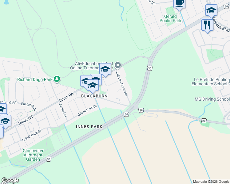 map of restaurants, bars, coffee shops, grocery stores, and more near 5722 Kemplane Court in Ottawa