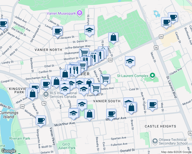 map of restaurants, bars, coffee shops, grocery stores, and more near 302 Mona Avenue in Ottawa