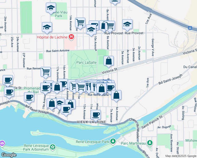 map of restaurants, bars, coffee shops, grocery stores, and more near 380 10e Avenue in Montréal
