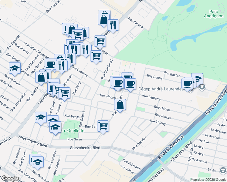 map of restaurants, bars, coffee shops, grocery stores, and more near 2050 Rue Lapierre in Montréal