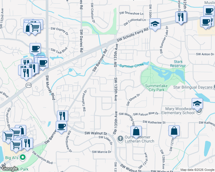 map of restaurants, bars, coffee shops, grocery stores, and more near 11563 Southwest 135th Avenue in Portland