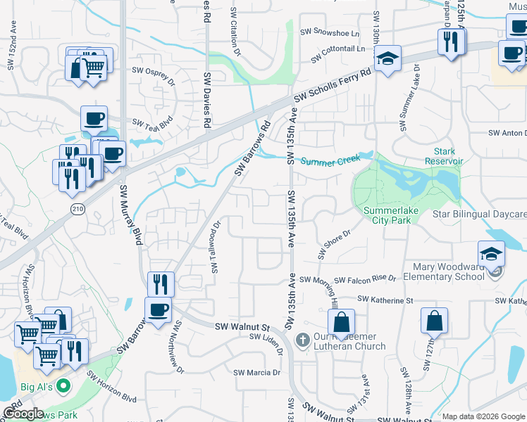 map of restaurants, bars, coffee shops, grocery stores, and more near 11563 Southwest 135th Avenue in Portland