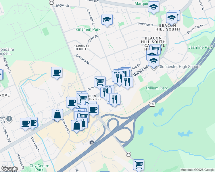 map of restaurants, bars, coffee shops, grocery stores, and more near 2025 Ogilvie Road in Ottawa