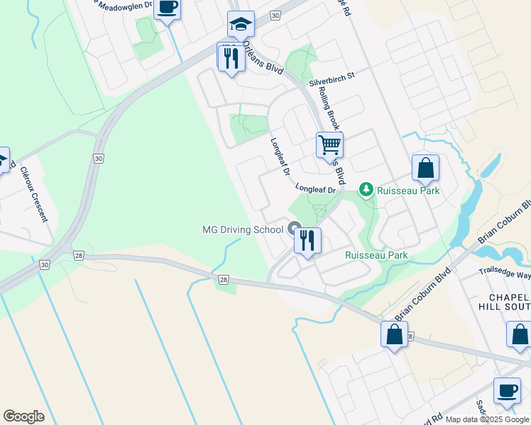 map of restaurants, bars, coffee shops, grocery stores, and more near 2145 Apple Leaf Way in Ottawa