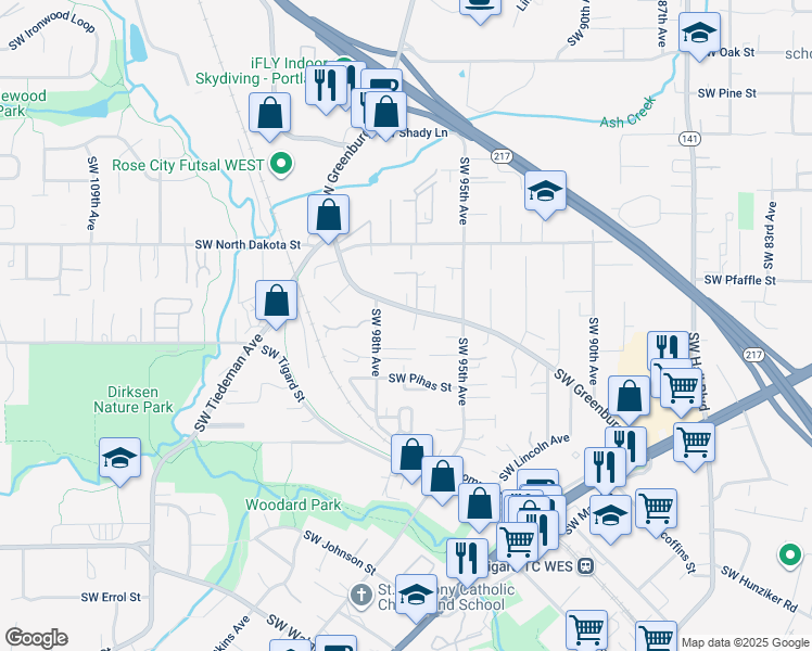 map of restaurants, bars, coffee shops, grocery stores, and more near 11477 Southwest Greenburg Road in Tigard