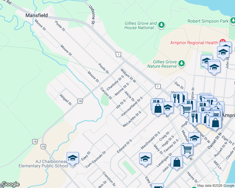 map of restaurants, bars, coffee shops, grocery stores, and more near 23 Norma Street South in Arnprior