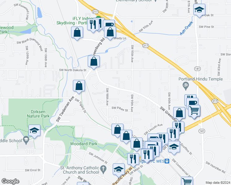 map of restaurants, bars, coffee shops, grocery stores, and more near 11477 Southwest Greenburg Road in Tigard
