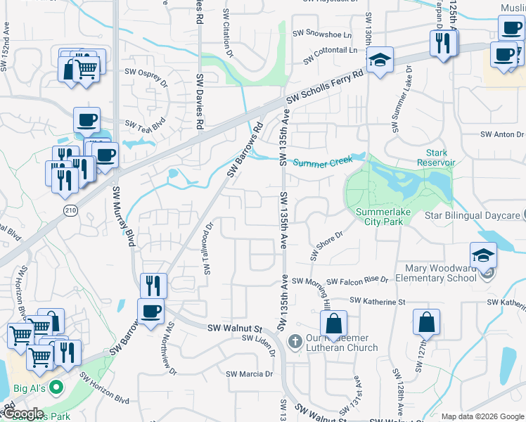 map of restaurants, bars, coffee shops, grocery stores, and more near 11563 Southwest 135th Avenue in Portland