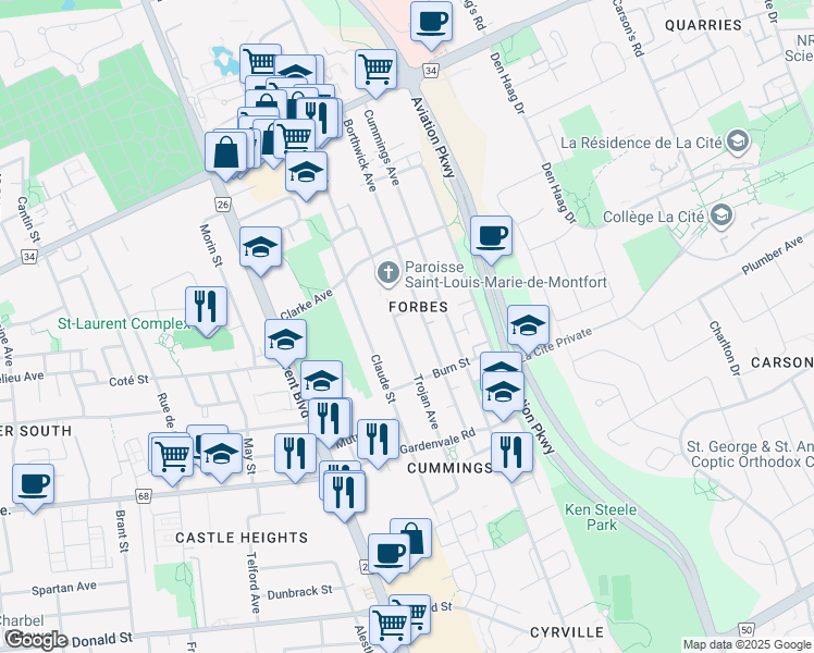 map of restaurants, bars, coffee shops, grocery stores, and more near in Ottawa