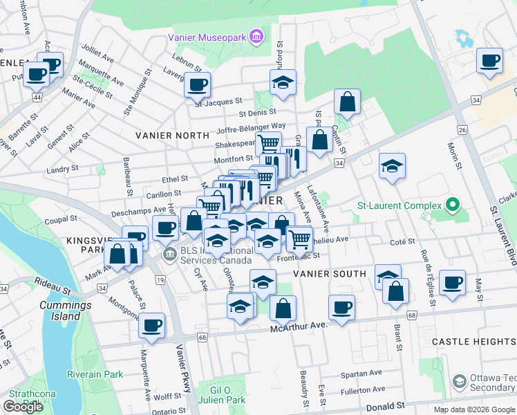 map of restaurants, bars, coffee shops, grocery stores, and more near 280 Montreal Road in Ottawa