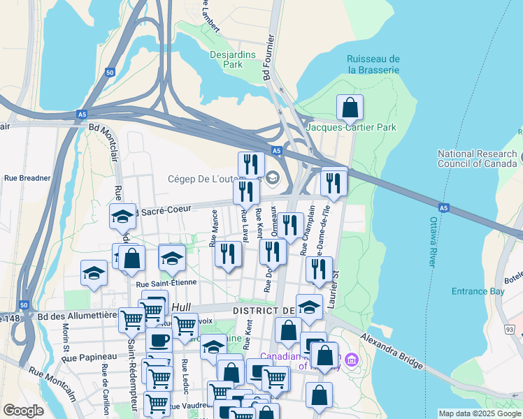 map of restaurants, bars, coffee shops, grocery stores, and more near 226 Rue Kent in Gatineau