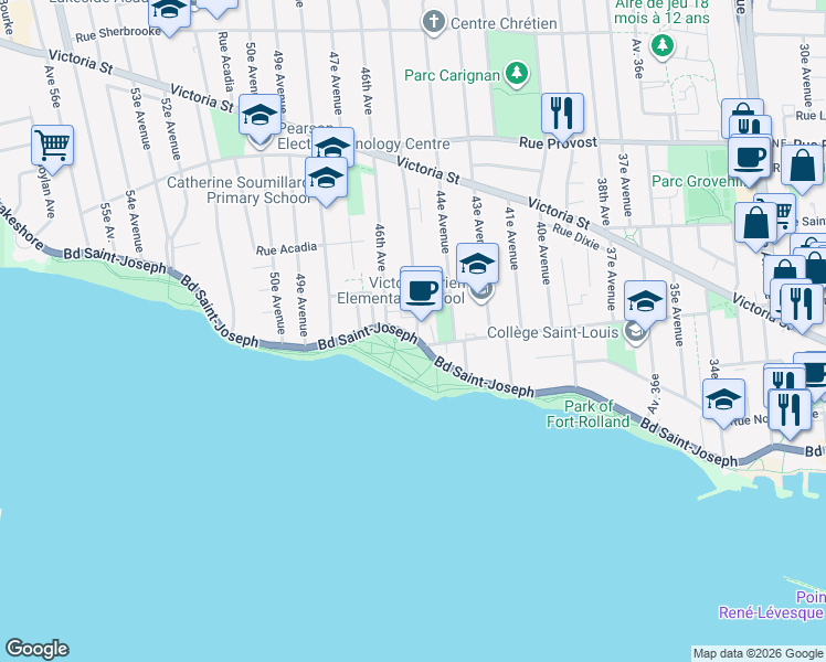 map of restaurants, bars, coffee shops, grocery stores, and more near 4500 Boulevard Saint Joseph in Montréal