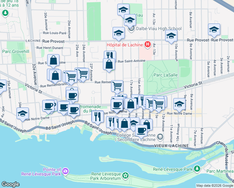 map of restaurants, bars, coffee shops, grocery stores, and more near 460 19e Avenue in Montréal