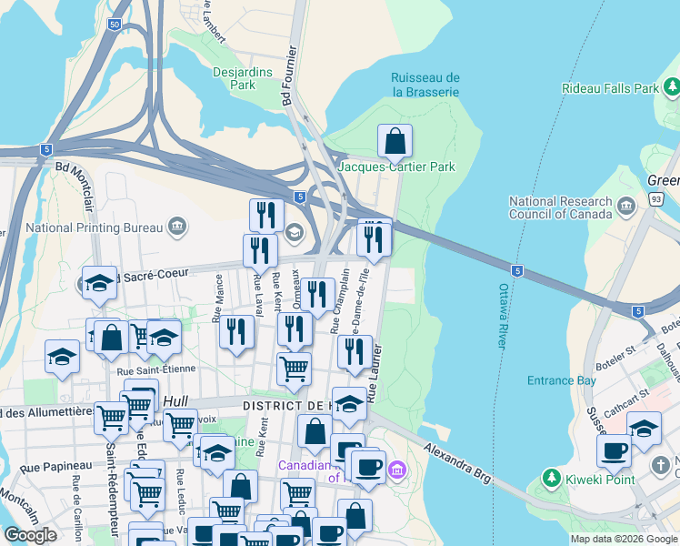 map of restaurants, bars, coffee shops, grocery stores, and more near 325 Rue Champlain in Gatineau