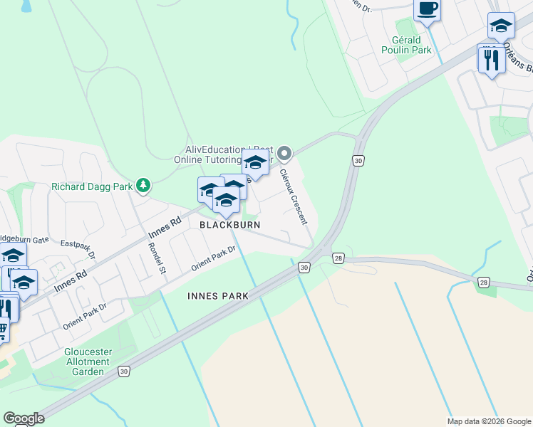 map of restaurants, bars, coffee shops, grocery stores, and more near 2365 Keystone Court in Ottawa