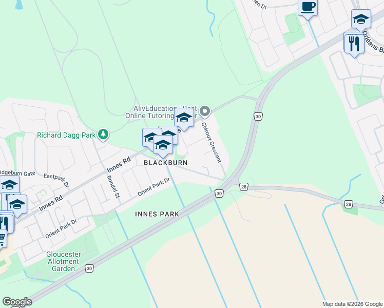 map of restaurants, bars, coffee shops, grocery stores, and more near 2365 Keystone Court in Ottawa