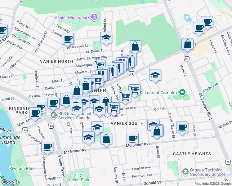 map of restaurants, bars, coffee shops, grocery stores, and more near 303 Mona Avenue in Ottawa