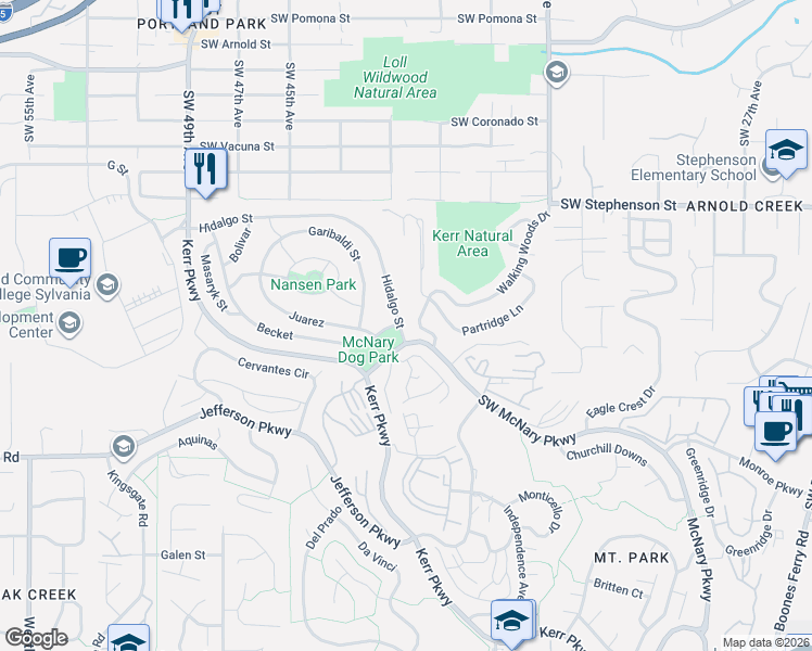 map of restaurants, bars, coffee shops, grocery stores, and more near 1 Hidalgo Street in Lake Oswego