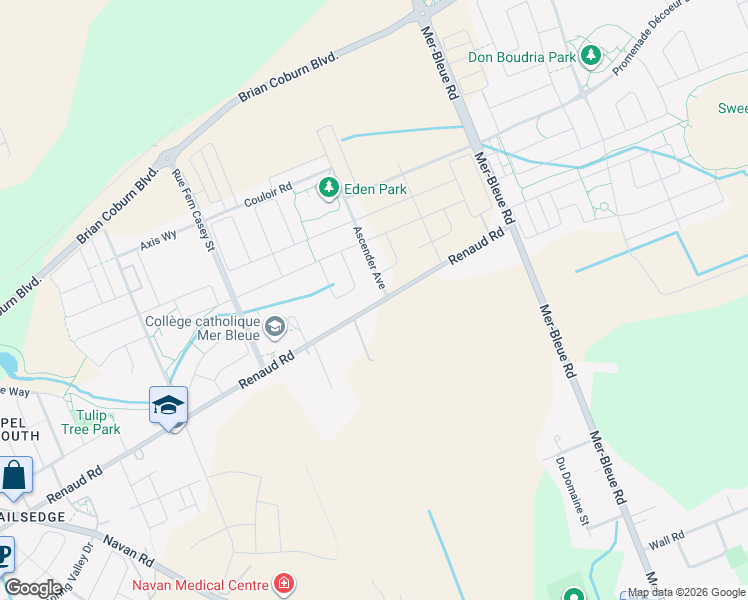 map of restaurants, bars, coffee shops, grocery stores, and more near 6480 Renaud Road in Ottawa