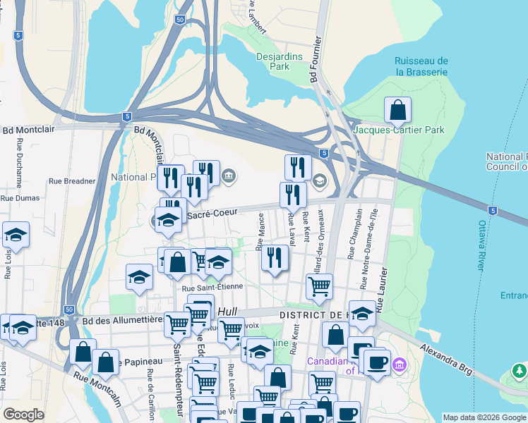 map of restaurants, bars, coffee shops, grocery stores, and more near 86 Boulevard Sacré-Coeur in Gatineau