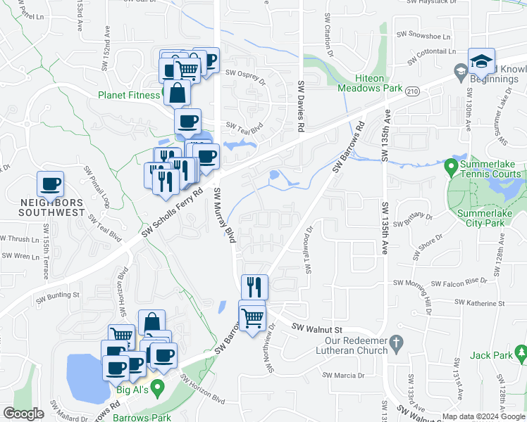 map of restaurants, bars, coffee shops, grocery stores, and more near 11427 Southwest Davies Road in Beaverton