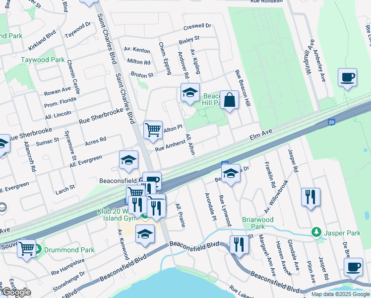 map of restaurants, bars, coffee shops, grocery stores, and more near 205 Alton Drive in Beaconsfield