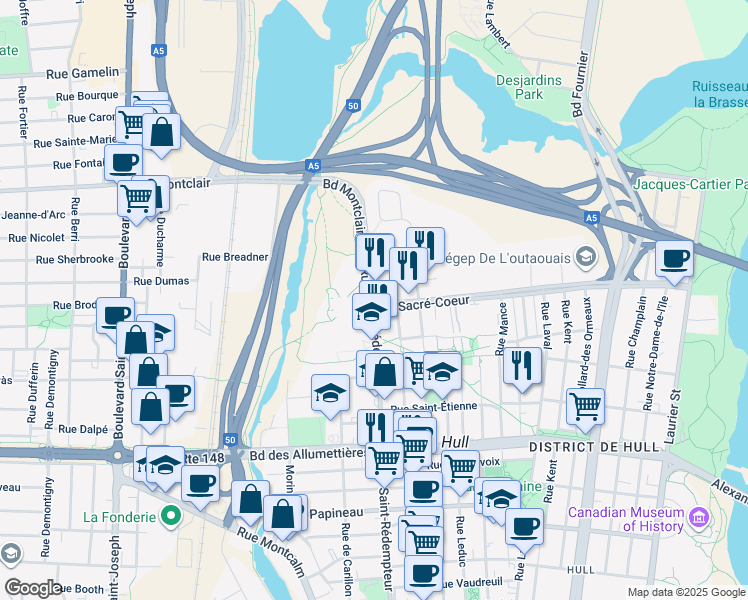 map of restaurants, bars, coffee shops, grocery stores, and more near 288 Saint Rédempteur Street in Gatineau