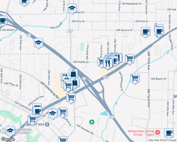 map of restaurants, bars, coffee shops, grocery stores, and more near 8286 Southwest Pfaffle Street in Tigard
