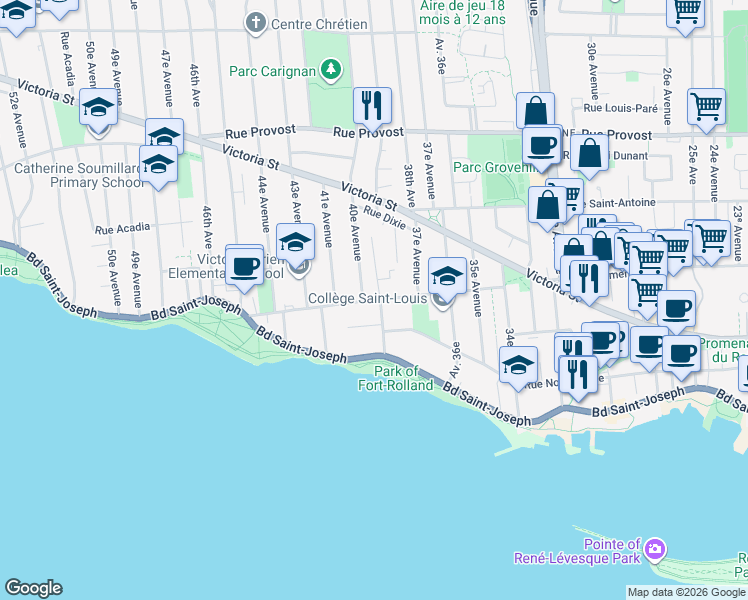 map of restaurants, bars, coffee shops, grocery stores, and more near Rue Broadway in Montréal