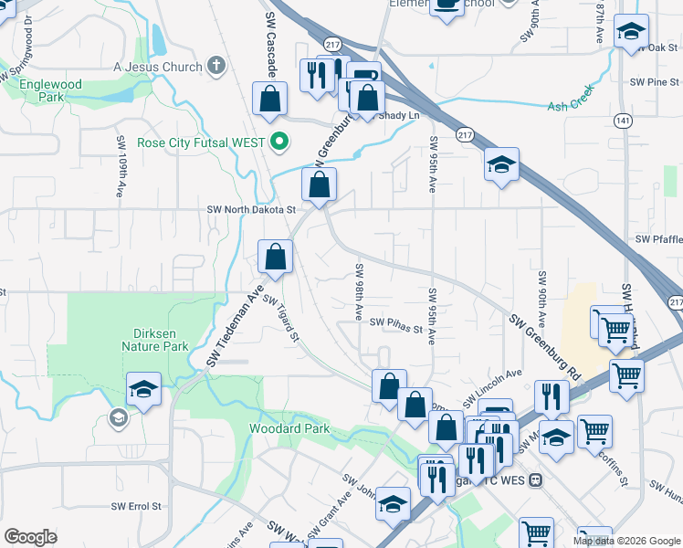 map of restaurants, bars, coffee shops, grocery stores, and more near 9957 Southwest Scott Court in Portland