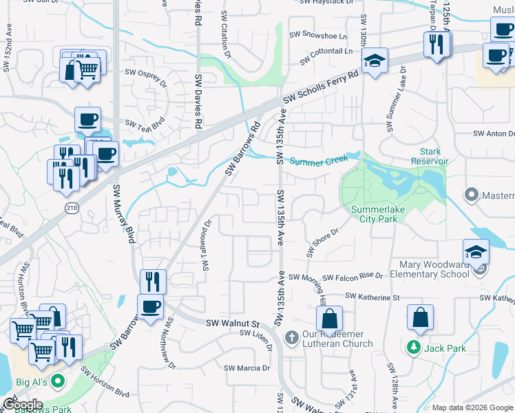 map of restaurants, bars, coffee shops, grocery stores, and more near 11563 Southwest 135th Avenue in Portland