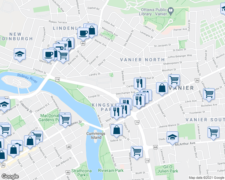 map of restaurants, bars, coffee shops, grocery stores, and more near in Ottawa