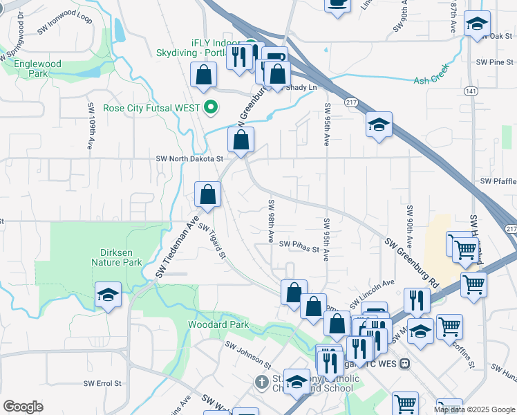 map of restaurants, bars, coffee shops, grocery stores, and more near 9957 Southwest Scott Court in Portland