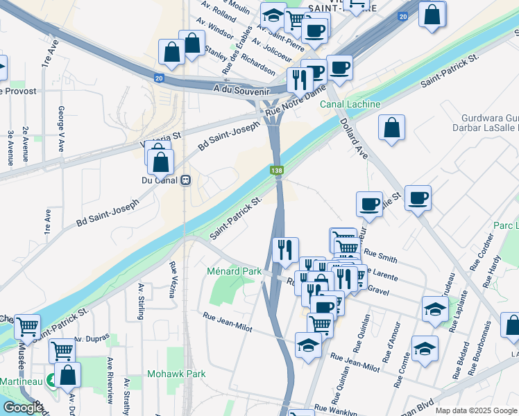 map of restaurants, bars, coffee shops, grocery stores, and more near 9600 Rue Saint-Patrick in Montréal
