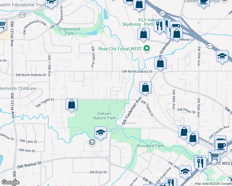 map of restaurants, bars, coffee shops, grocery stores, and more near 10539 Southwest Tigard Street in Tigard